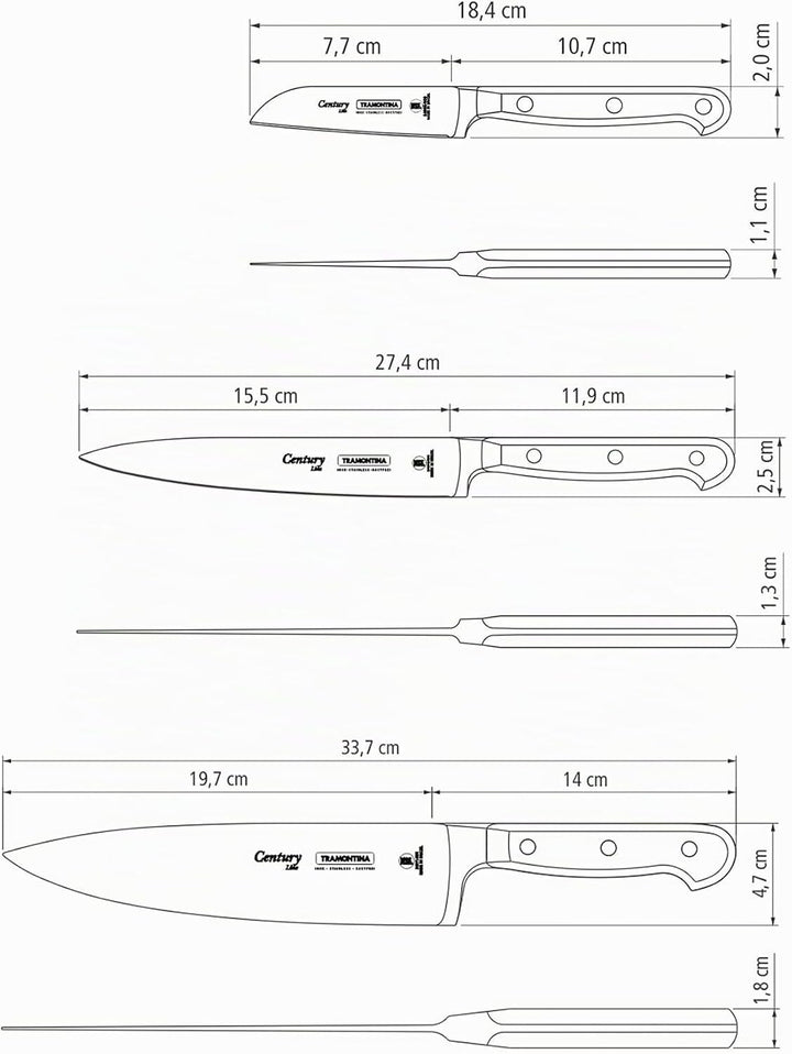 Tramontina Messerset CENTURY, 3-teilig, Edelstahl DIN 1.4110, schwarz, rostfrei, Century