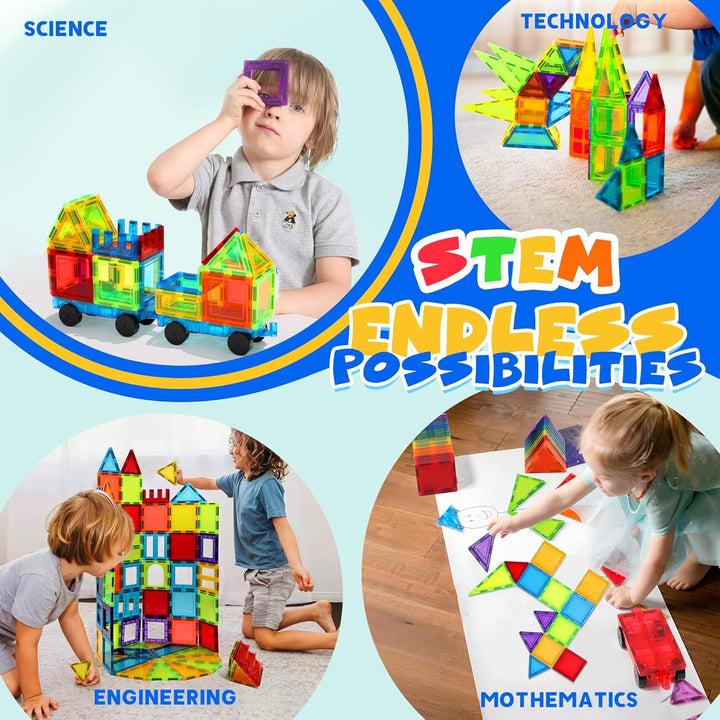 Magnetische Bauklötze Spielzeug 131 Stück mit 2 Autos, Magnetische Kacheln Spielzeug für Kinder, Lea