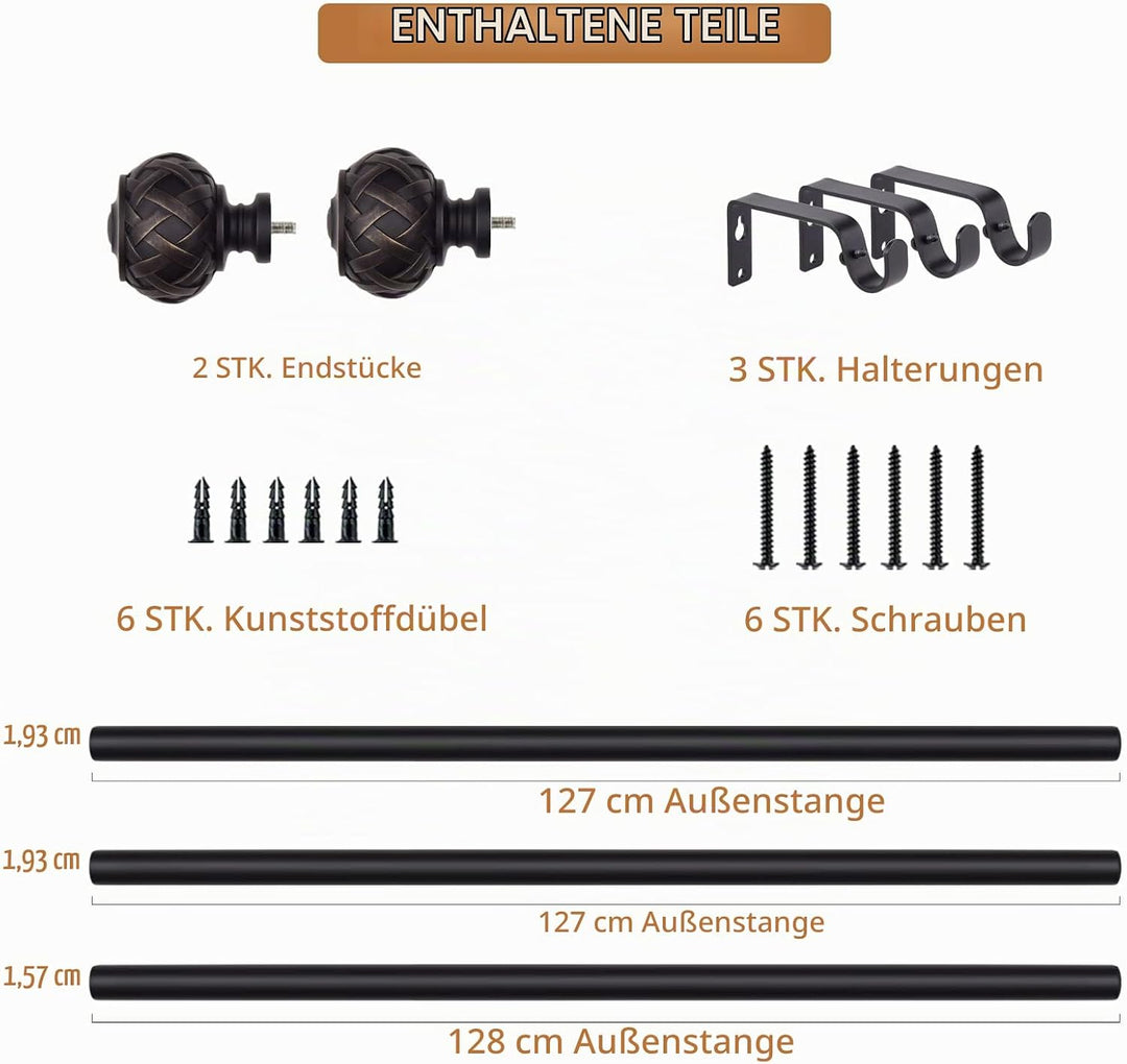 SZXIMU Gardinenstange Ausziehbar 182-365 cm Schwarz Vorhangstange mit Rundem Endstück mit Netzstrukt