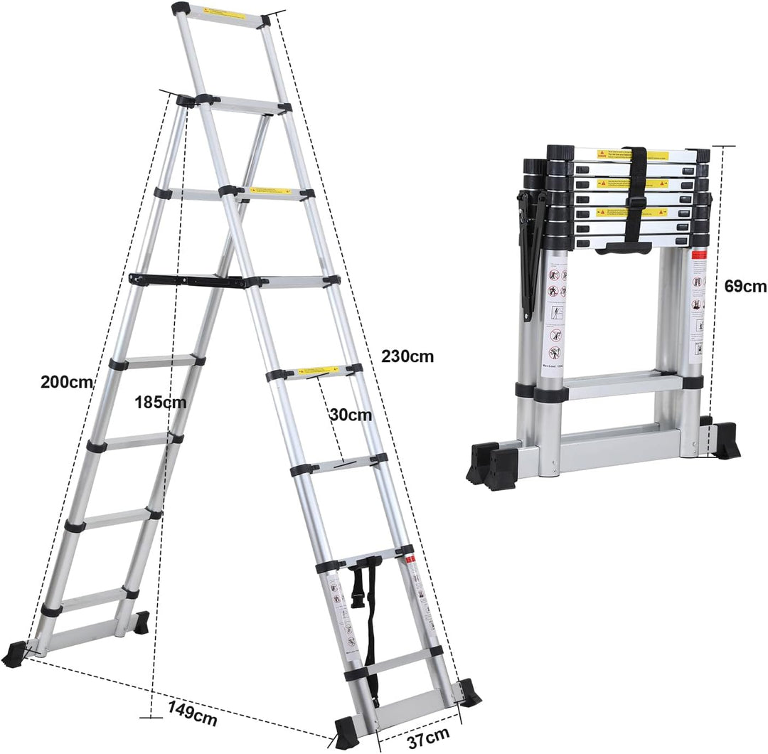 Sonnewelt 2m+2,3m Teleskopleiter Klappleiter, 6+7 Stufen A-Rahmen Mehrzweckleiter Stehleiter aus Alu