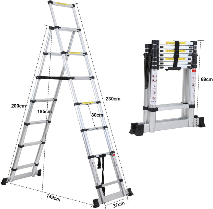 Sonnewelt 2m+2,3m Teleskopleiter Klappleiter, 6+7 Stufen A-Rahmen Mehrzweckleiter Stehleiter aus Alu