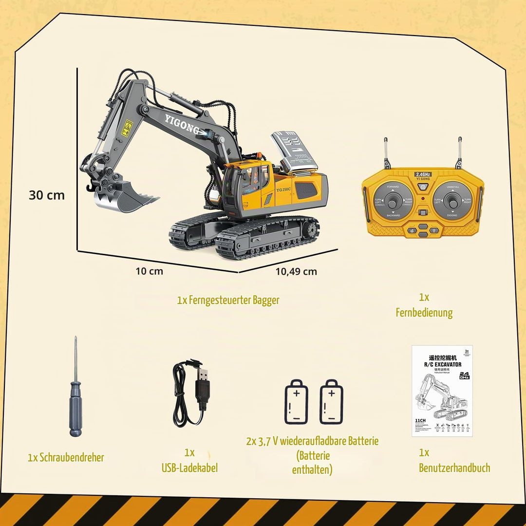 Ferngesteuertes Spielzeug,11CH,2,4GHz Bagger RC,680° Drehung,Mit Licht und Ton,Geeignet für Jungen i