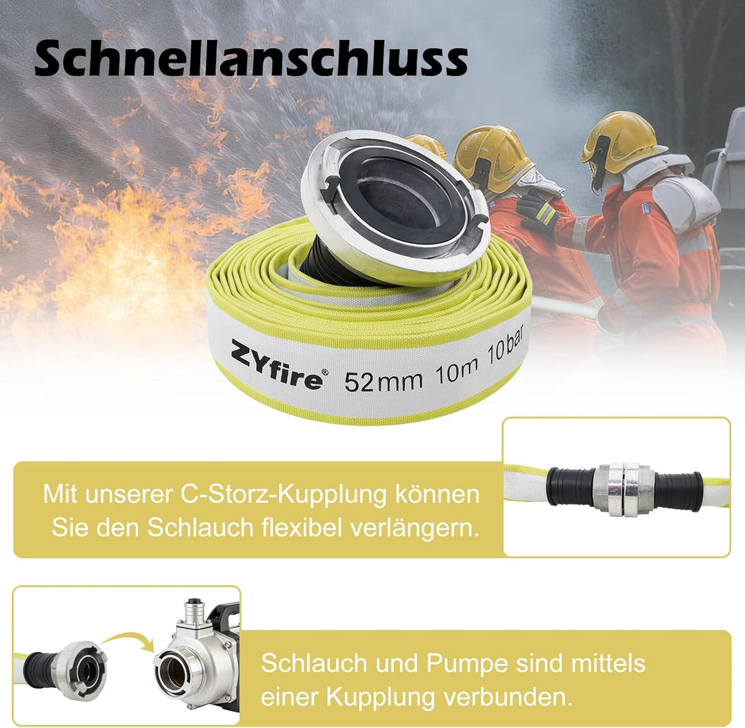 ZYfire Feuerwehrschlauch 52mm x 10m | 2 Zoll Feuerschlauch mit C-Storz Kupplung | flexibler Wassersc
