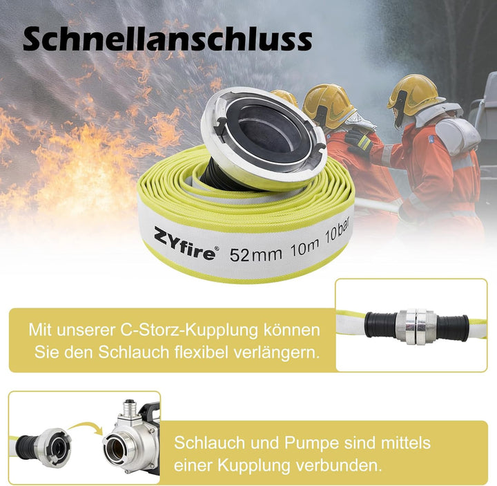 ZYfire Feuerwehrschlauch 52mm x 10m | 2 Zoll Feuerschlauch mit C-Storz Kupplung | flexibler Wassersc