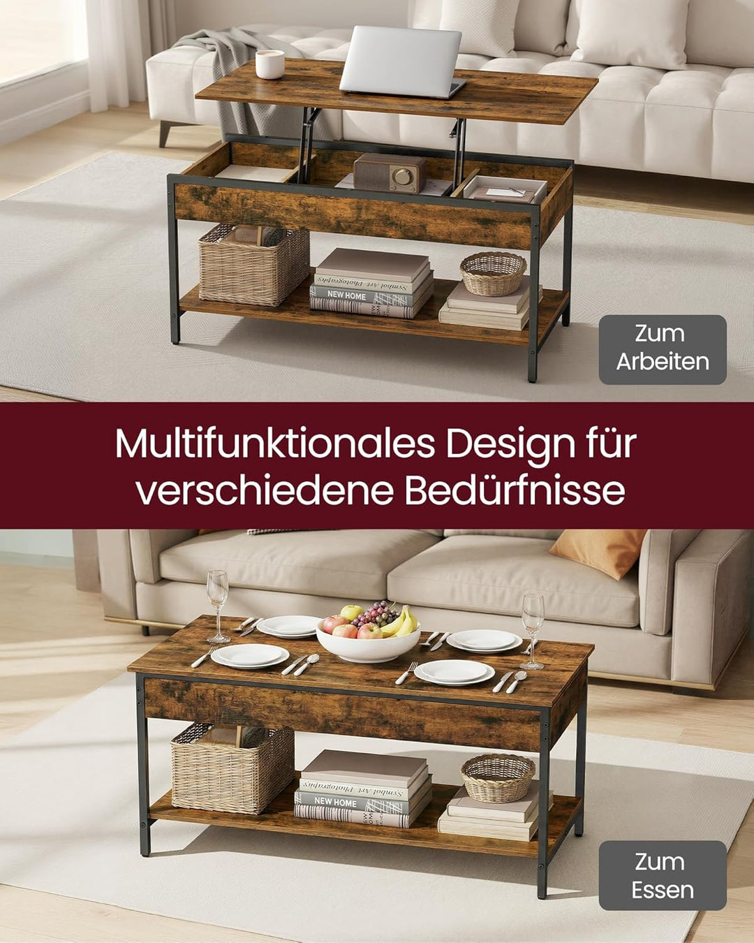 VASAGLE Couchtisch, höhenverstellbarer Wohnzimmertisch, Kaffeetisch, mit offenem Fach und versteckte