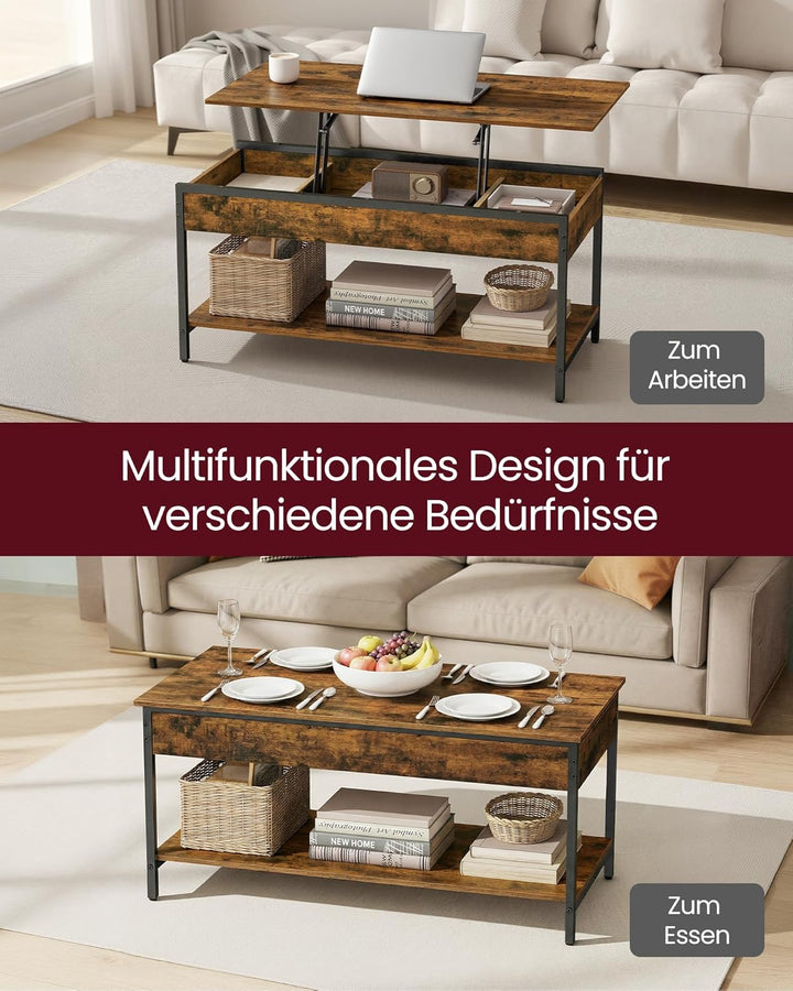 VASAGLE Couchtisch, höhenverstellbarer Wohnzimmertisch, Kaffeetisch, mit offenem Fach und versteckte