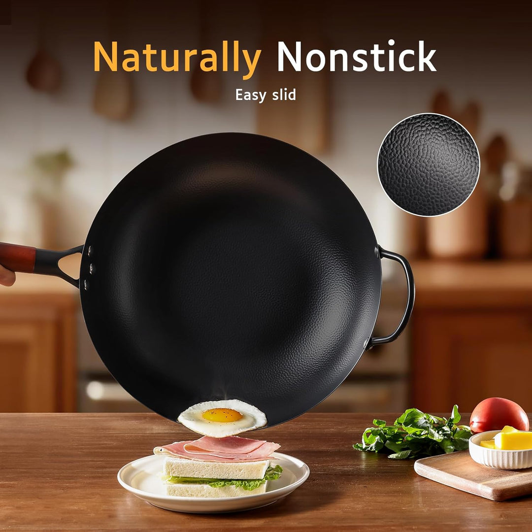 Kordisen 32 cm Wok aus Kohlenstoffstahl mit Deckel, flacher Boden, natürlich antihaftbeschichtet, ge