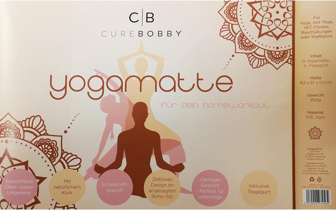Yogamatte aus Kork & TPE – Rutschfeste Trainingsmatte mit Ausrichtungslinien – Nachhaltig, Gelenksch