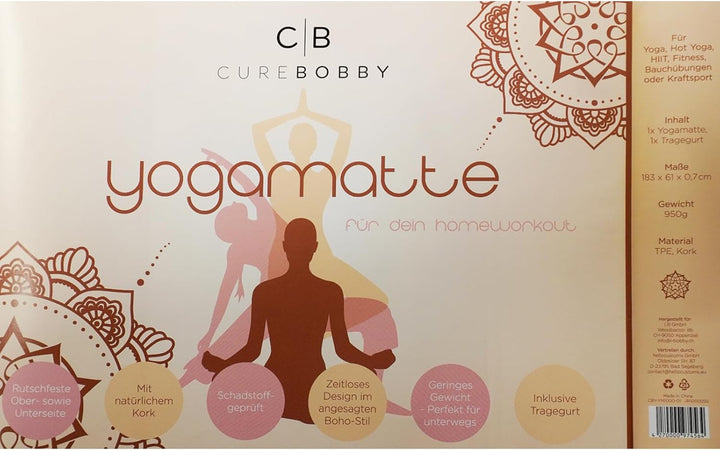 Yogamatte aus Kork & TPE – Rutschfeste Trainingsmatte mit Ausrichtungslinien – Nachhaltig, Gelenksch