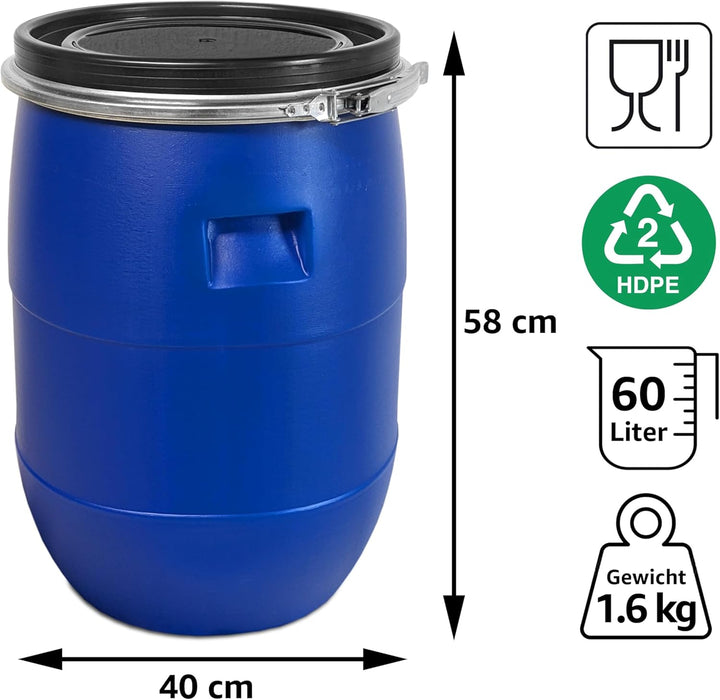plasteo® 60 Liter Weithalsfass mit Deckel und Spannring, Lebensmittelecht BPA-Frei, Futtertonne Kuns