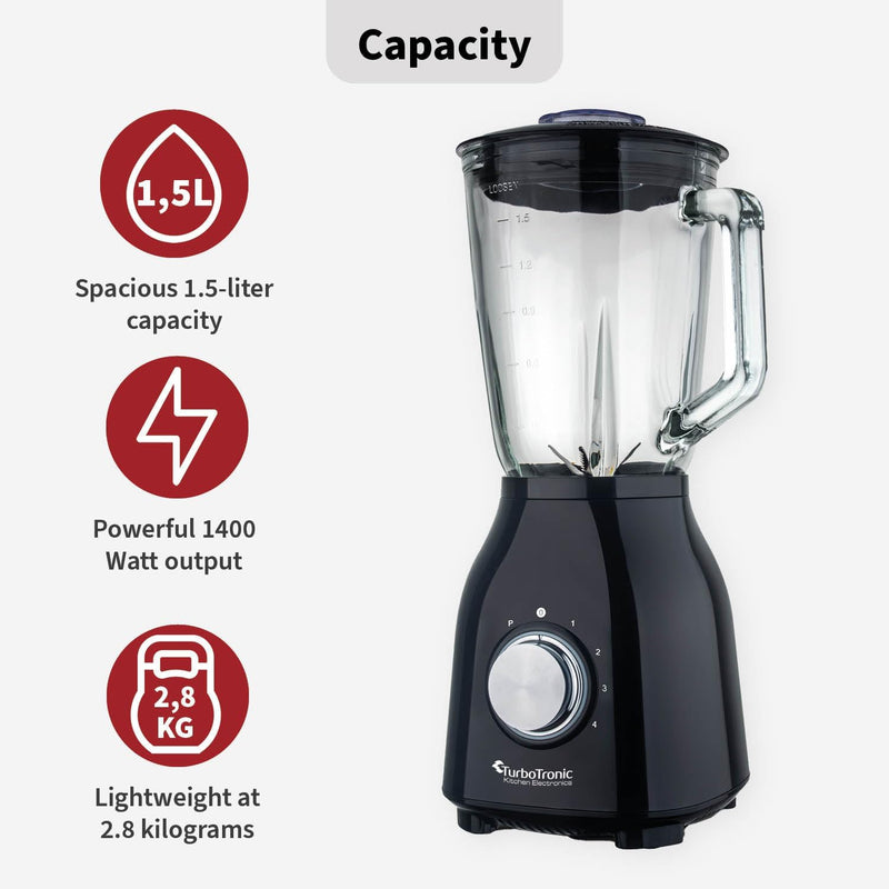 1400 Watt Standmixer mit Glasbehälter 1,5 Liter, BPA-frei, 6 Edelstahl-Klingen, Smoothie Maker, Blen