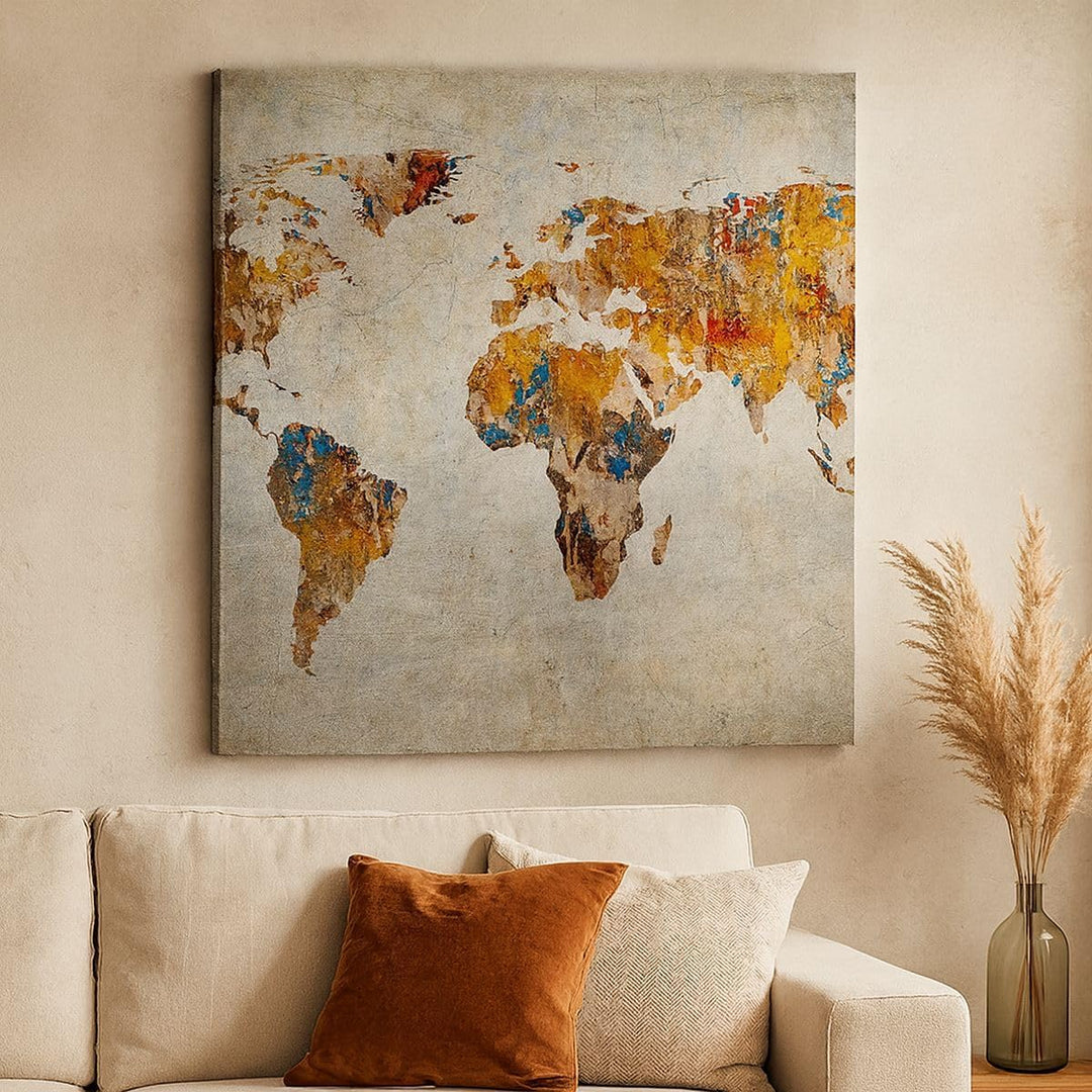 Bilder auf Leinwand 70x70cm Leinwandbild Welt Karte Kontinente Geographie Gross Wanddeko Bild Schlaf