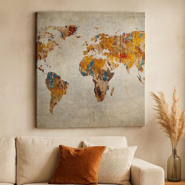 Bilder auf Leinwand 70x70cm Leinwandbild Welt Karte Kontinente Geographie Gross Wanddeko Bild Schlaf
