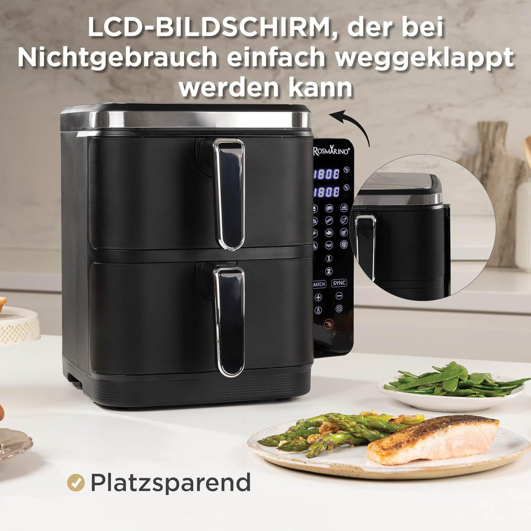 Rosmarino Tower XXL Airfryer 10,4L - Vertikales Design | Doppelkammerfritteuse | 12 Programme | 2800