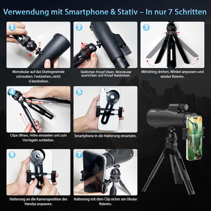 Sogries 15x55 Monokular Fernglas HD mit BAK4 Prisma & FMC Linse, Spritzwassergeschütztes Fernrohr in