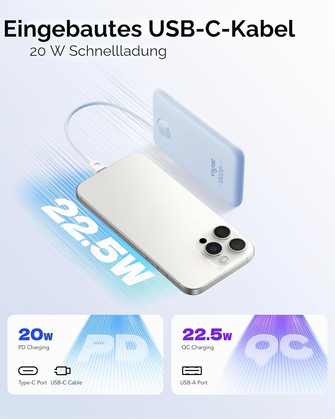 VIYISI Powerbank 10000mAh, Ultrakompaktes Akkupack mit integriertem USB-C Kabel & LED-Anzeige, Exter