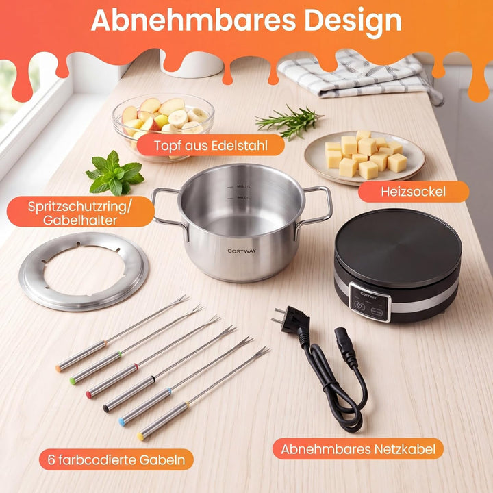COSTWAY Fondue elektrisch Set, 1200W Fondueset mit 8 farblich markierten Gabeln & Gabelhalter, 2,3l