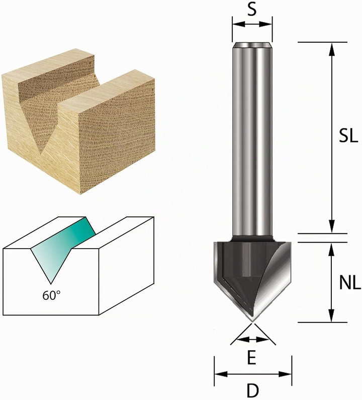 ENT 12048 V-Nutfräser und Schriftenfräser HW, Schaft (S) 8 mm, Durchmesser (D) 12,7 mm, NL 12,7 mm,
