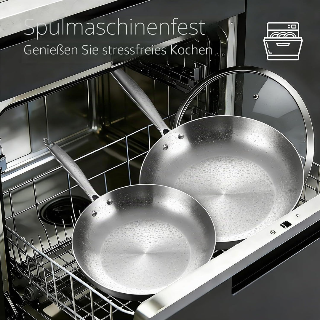 Inqibee Edelstahlpfanne Bratpfannenset Unbeschichtet 22 cm & 26 cm mit Deckel - Pfannenset Edelstahl