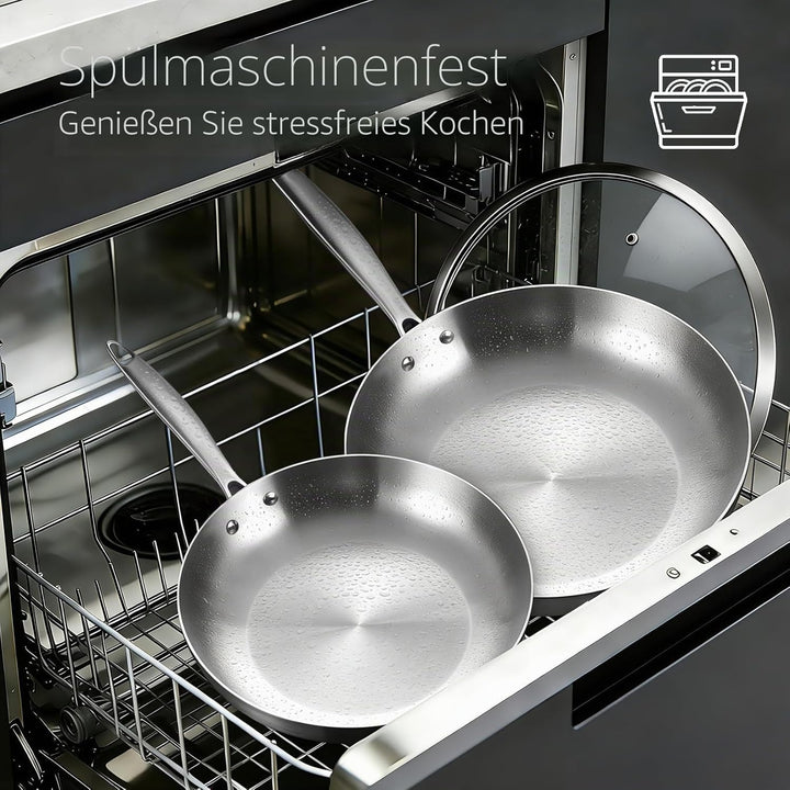 Inqibee Edelstahlpfanne Bratpfannenset Unbeschichtet 22 cm & 26 cm mit Deckel - Pfannenset Edelstahl