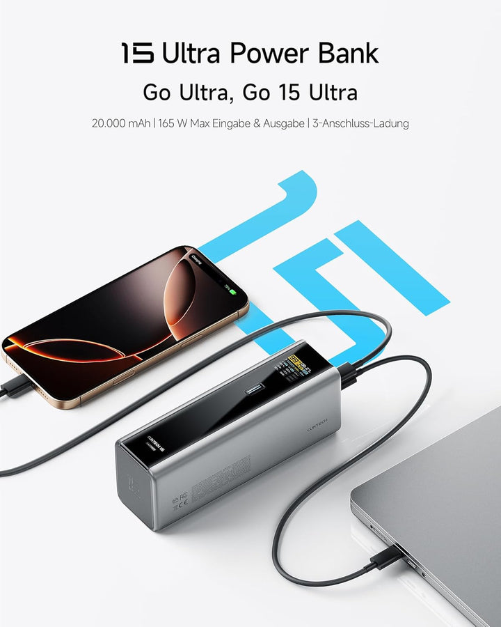 CUKTECH 15 Ultra Powerbank 20000mAh (4S2P) 165W Externer Akku mit 3 Anschlüsse, PD 3.1 Laptop Power