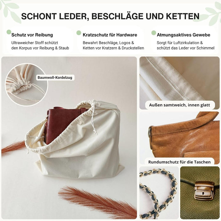 Samtweiche Staubschutzbeutel für Handtaschen, 3er Set Stoffbeutel | Aufbewahrungsbeutel mit Baumwoll