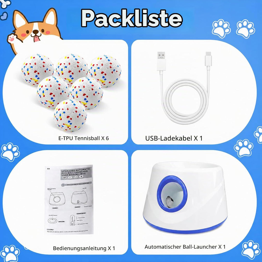 Ballwurfmaschine für Hunde, Ballmaschine Hund mit 6 E-TPU Tennisbälle, Interaktives Hundespielzeug E