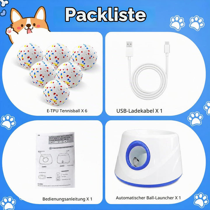 Ballwurfmaschine für Hunde, Ballmaschine Hund mit 6 E-TPU Tennisbälle, Interaktives Hundespielzeug E