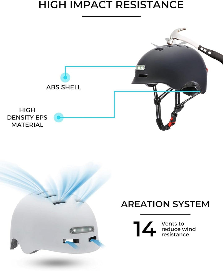Fahrrad oder Elektrorollerhelm mit Rotem Warnlicht + weissem Frontlicht. Fahrradhelm, Skate, Schlitt