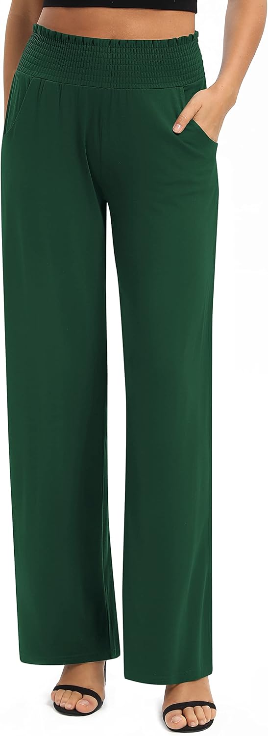 EXCHIC Damen Einfarbig Lose Gerade Geschnitten Palazzo Hose Hohe Taille Dehnbar Lounge Hose mit Tasc