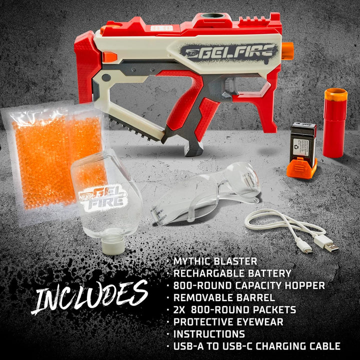 Nerf Pro Gelfire Mythic Blaster, 1.600 Gelfire Runden, Trichter, Akku, Brille