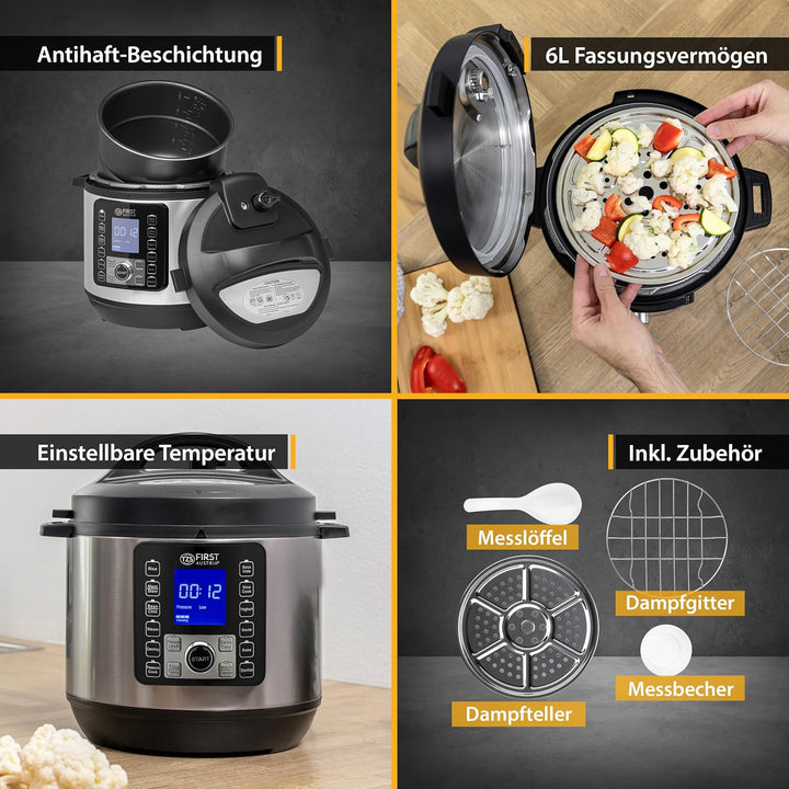 TZS First Austria Druckkochtopf elektrisch 6L | Multikocher | 12 Programme Schnellkochtopf | Reiskoc