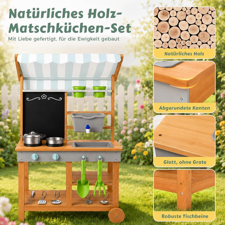 Matschküche Kinder Outdoor Holz mit Wasserdichtem Dach & Rädern, Kinderküche mit Wassertank Wasserha