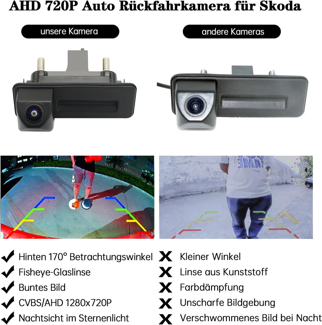AHD 720P Auto Rückfahrkamera für Skoda Superb Yeti Fabia Octavia Audi A1, 170 Grad Fischaugen Objekt