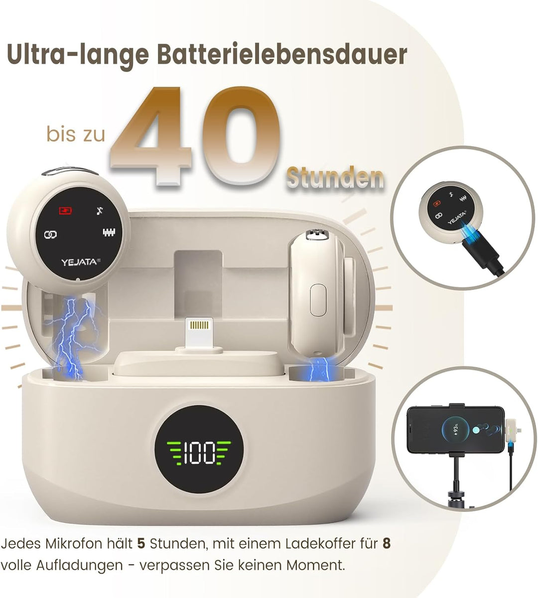 Dual-Interface-Funkmikrofon für iPhone und Android | 25 m Reichweite, 40-Stunden-Ladecase, DSP-Rausc