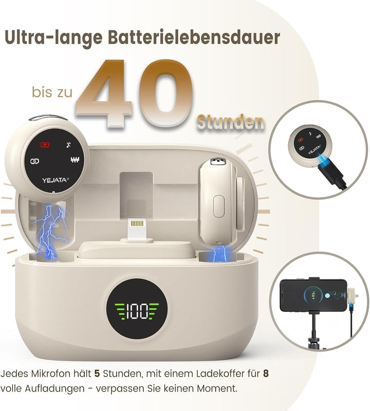 Dual-Interface-Funkmikrofon für iPhone und Android | 25 m Reichweite, 40-Stunden-Ladecase, DSP-Rausc