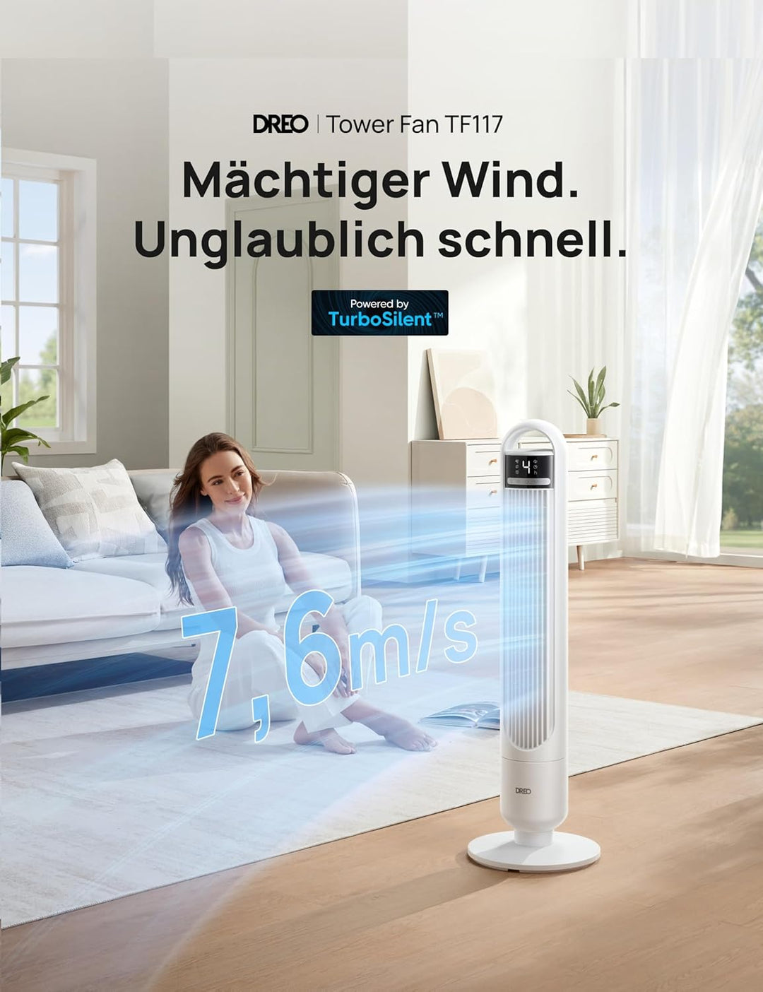 Dreo 23dB Leiser Turmventilator, Ventilator mit Kühlung, Fernbedienung für Schlafzimmer, Tower Fan m