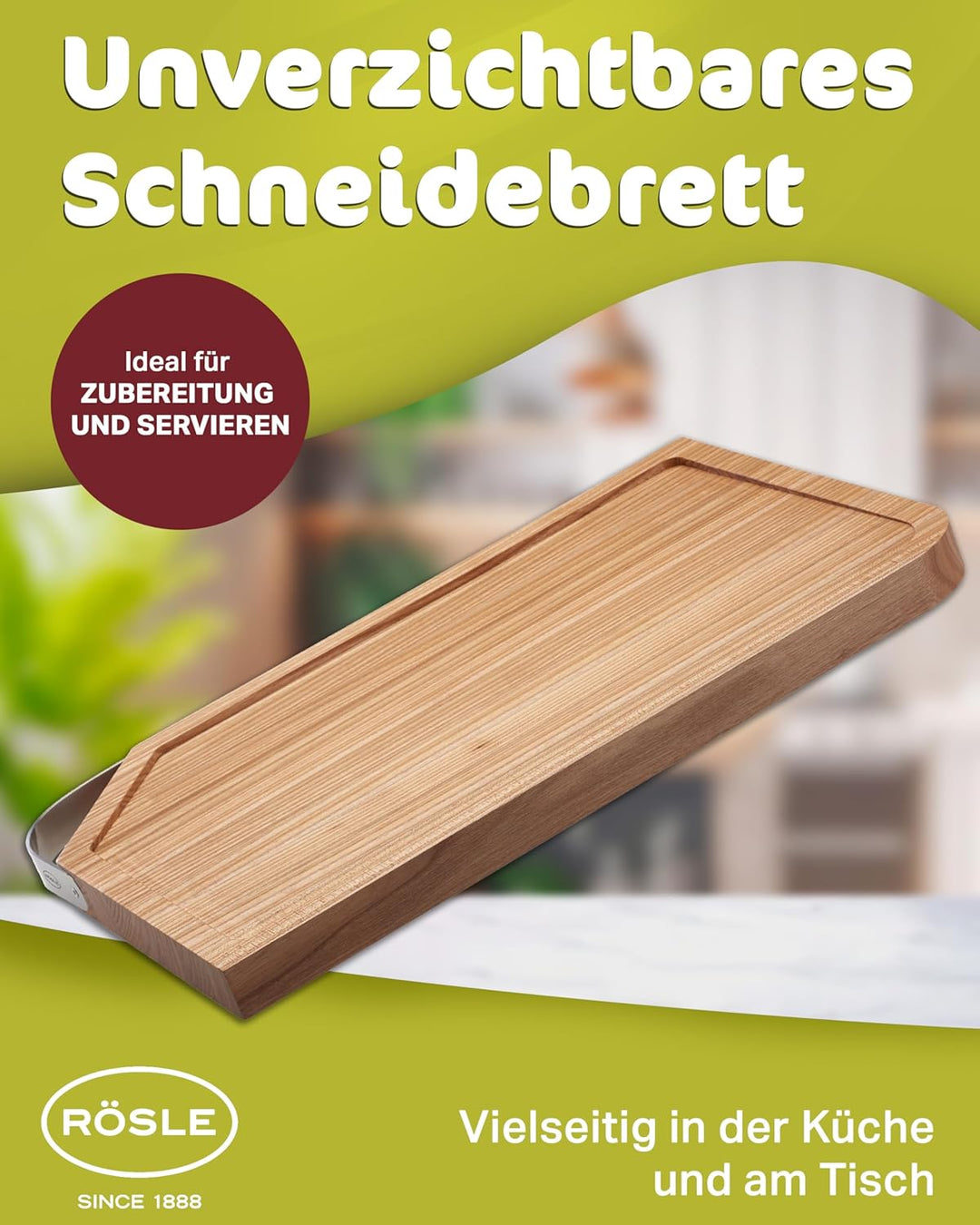 RÖSLE Schneidbrett mit Edelstahlgriff, Hochwertige Schneideunterlage für die Küche zum universellen