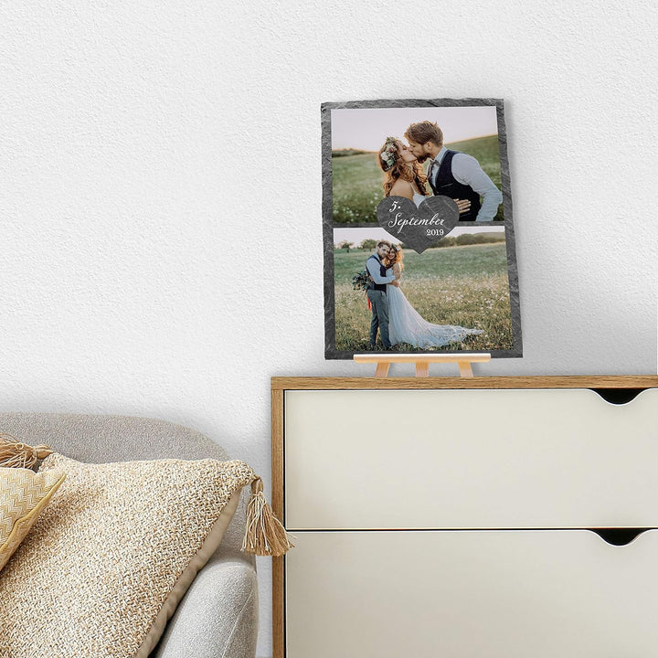 wandmotiv24 Schiefertafel Hochzeit mit Staffelei, Personalisierbar Digitaldruck 2 Farb-Fotos + Datum
