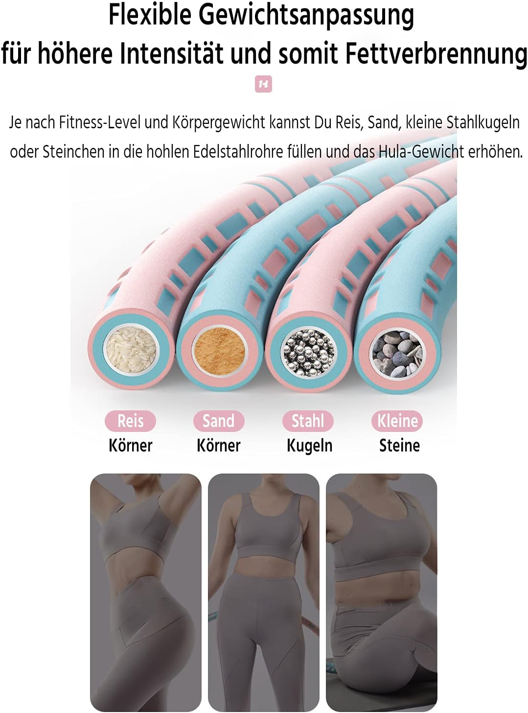 Gymnastikreifen Fitness Hoop 90cm Gewicht einstellbar 1-8kg Edelstahl Schaumstoff Blau-Weiss, Blau-W