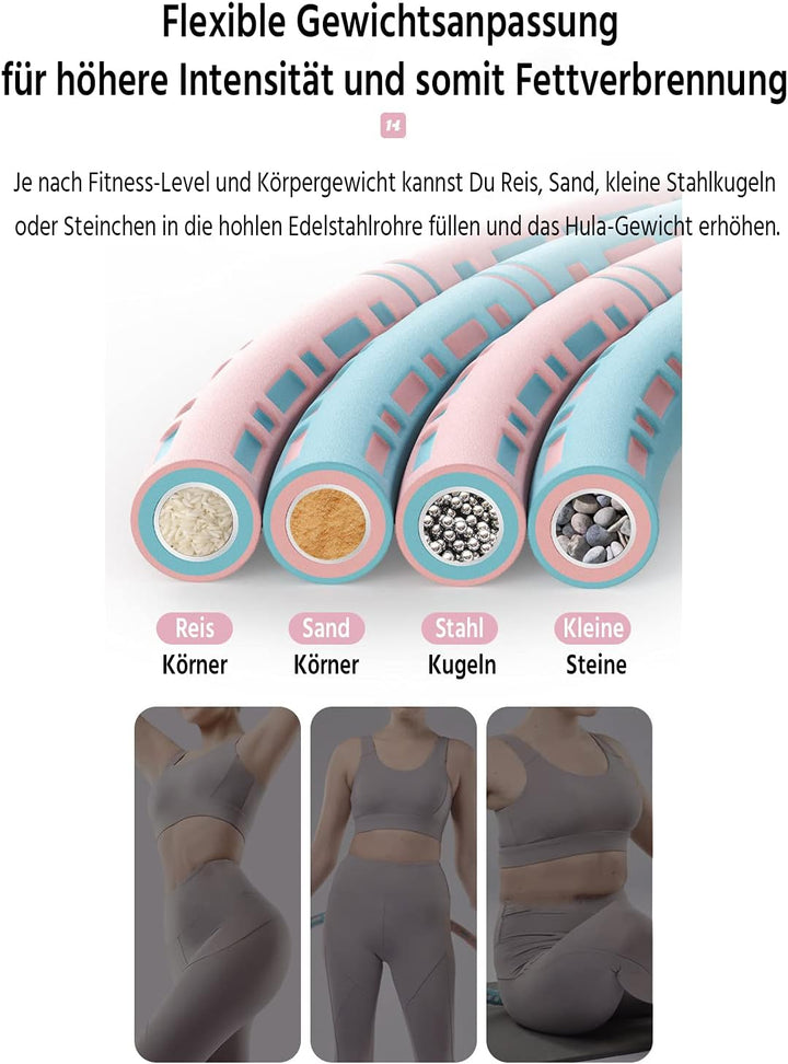 Gymnastikreifen Fitness Hoop 90cm Gewicht einstellbar 1-8kg Edelstahl Schaumstoff Blau-Weiss, Blau-W