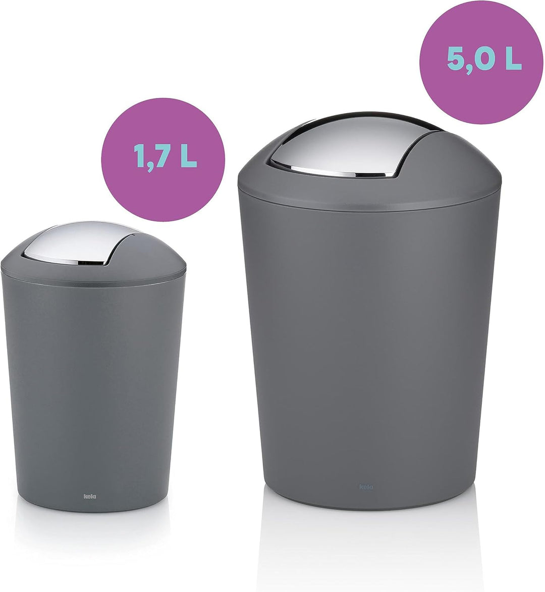 kela Schwingdeckeleimer grau, Kosmetikeimer 5l mit Schwingdeckel, Kunststoff, MARTA, Mülleimer Badez