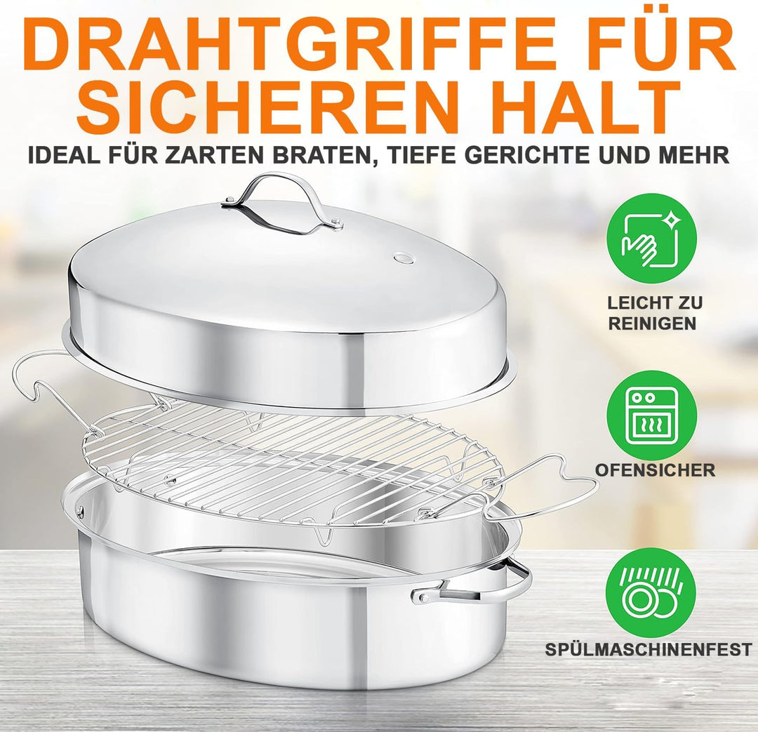 Nutrichef Bräter, Bräter Gusseisen, 50 cm- Bräter mit Deckel Backofengeeignet, Bräter Induktion, Sch
