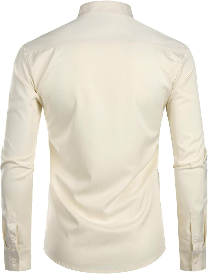 PARKLEES Herren Grandad-Kragen Slim Fit Langarm Casual Button Down Kleid Shirts mit Tasche M Beige,