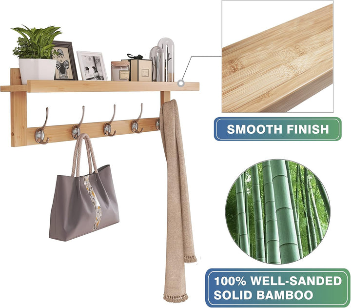 SMIBUY Kleiderhaken mit Regal Wandmontage, 74 cm Eingangsbereich Garderobe für Wand, Bambus-Hängereg