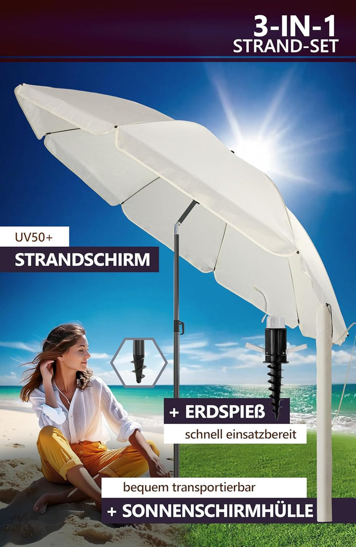 4smile Sunnyjoy Sonnenschirm Strand 3-IN-1 Set - Strandschirm windfest stabil, UPF 50+ Sonnenschirm