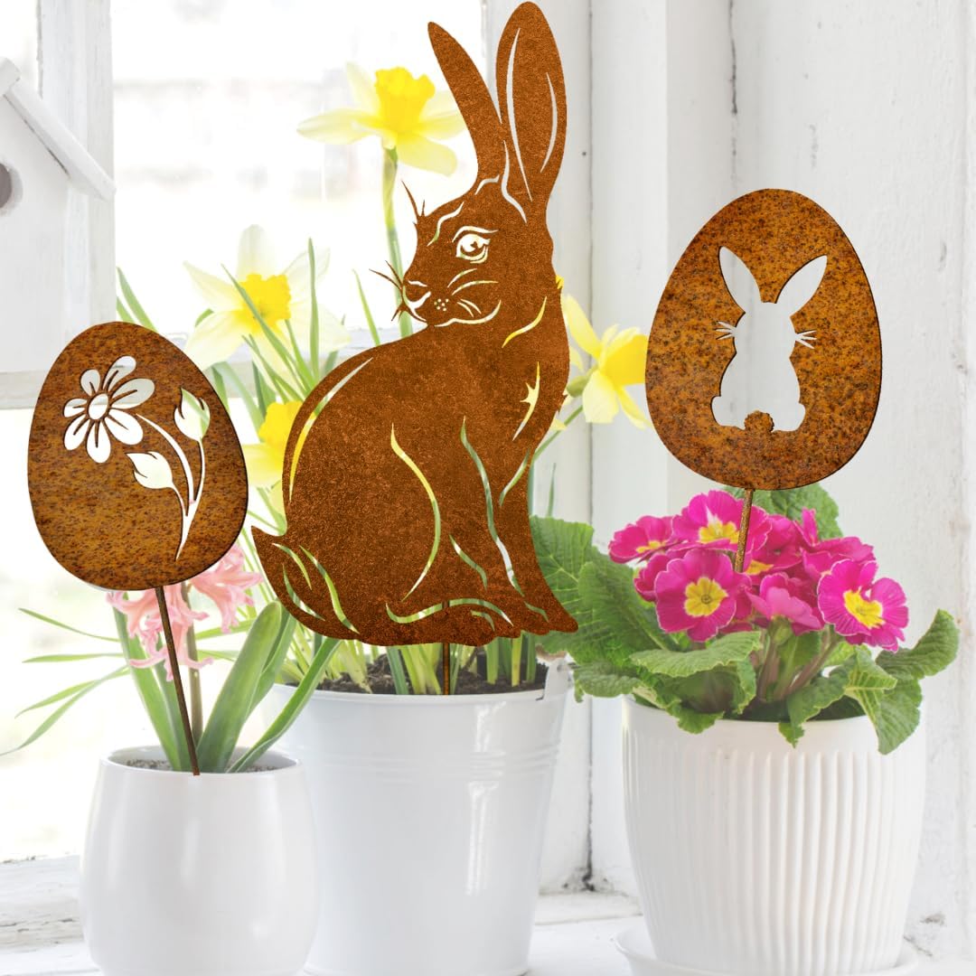 Terma Stahldesign Edelrost Osterdeko Set 3ST Osterhase mit Zwei Eier Handmade Germany, tolle gartend