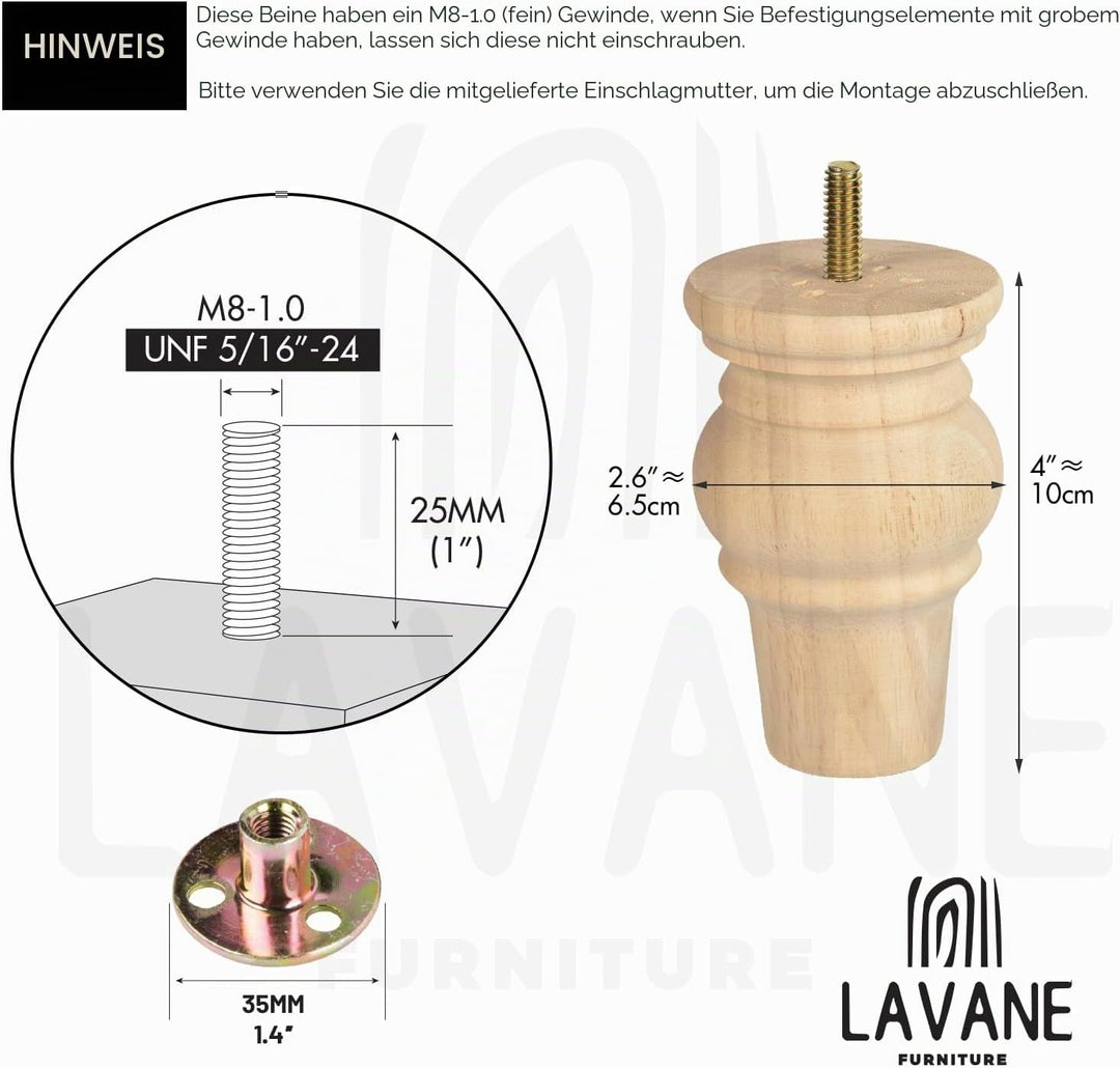 LA VANE 4 Stück Möbelfüsse aus Massivholz - 10cm Höhe, Unlackiert, Spindelform mit M8 Bolzen & Monta
