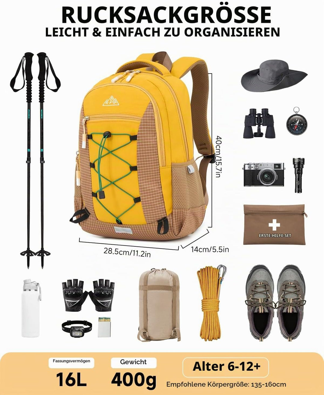 Amythe Outdoor Schulrucksack für Jungen Mädchen ab 6 Jahren, Wanderrucksack Kinder 1. - 5. Klasse, W