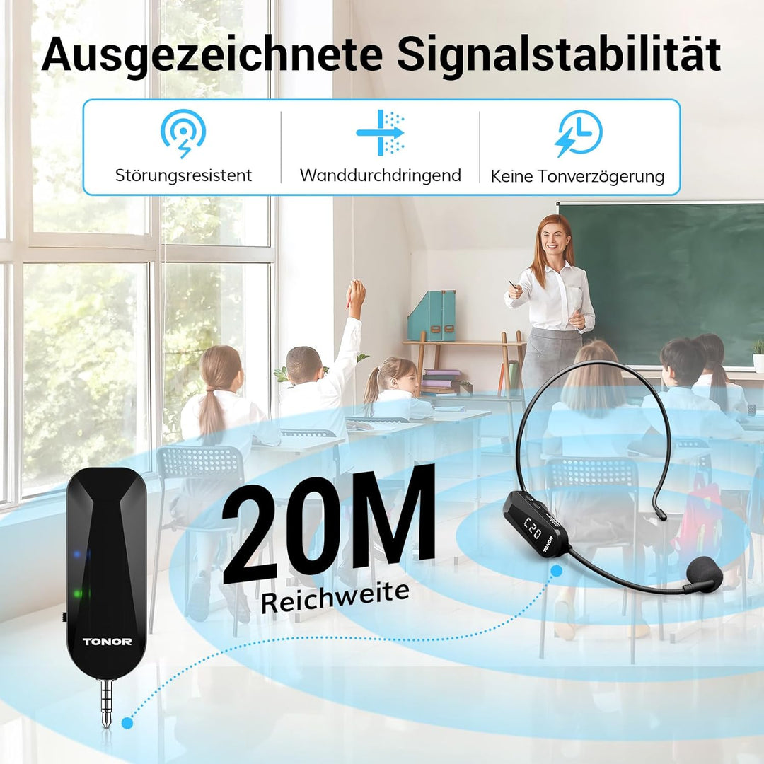 TONOR Wireless Mikrofon Headset, UHF Wiederaufladbares Drahtloses Mikrofon, 20 Kanäle mit 20m Kabell